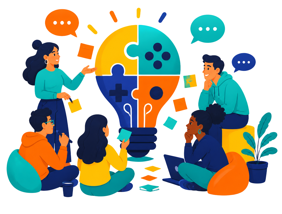 Illustration of young people brainstorming around a lightbulb made of puzzle pieces