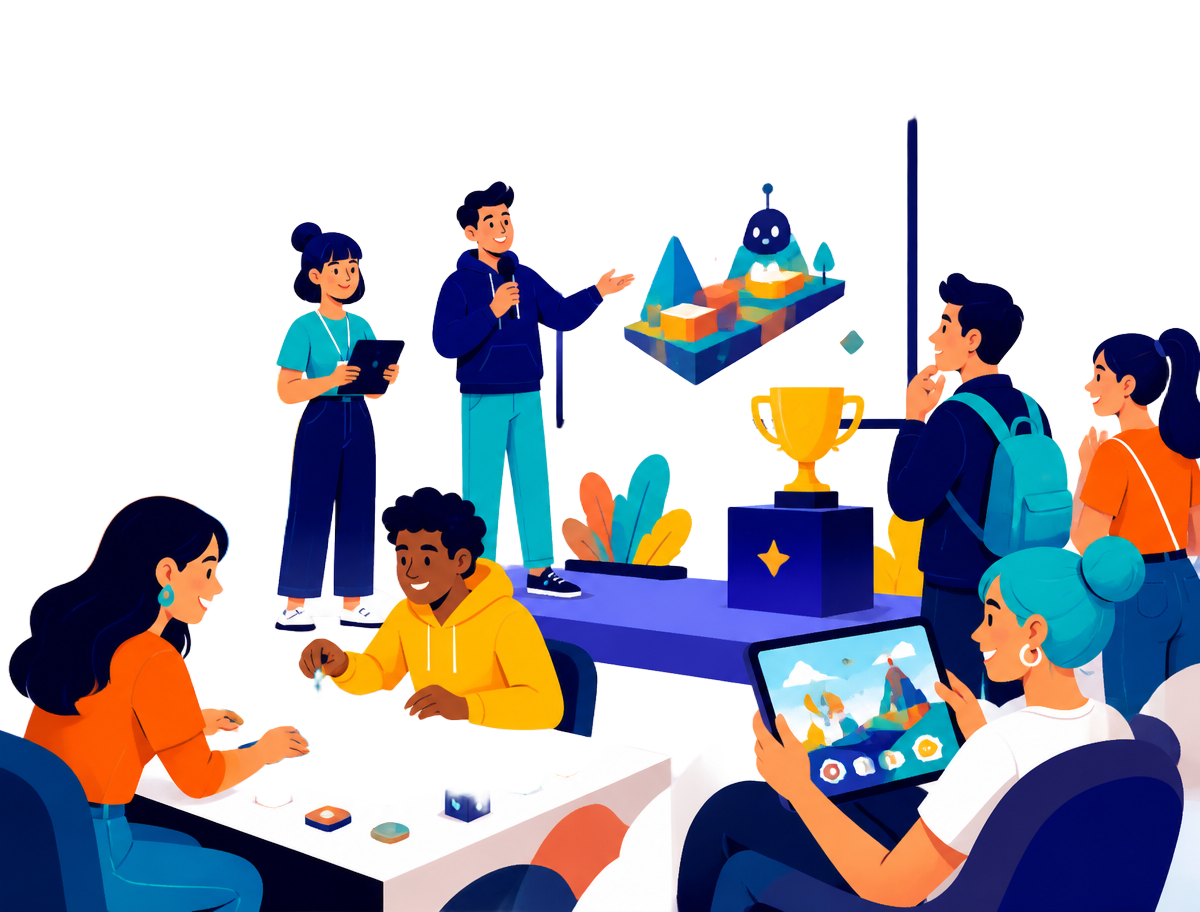 Illustration of young people presenting game prototypes at a showcase