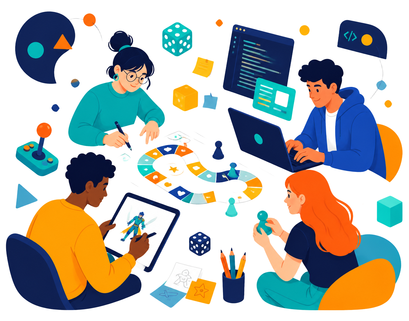 Illustration of young people designing board games, coding and drawing game characters together